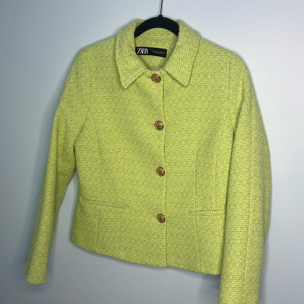 Zara Light Green Textured Wool-Blend Blazer Jacket